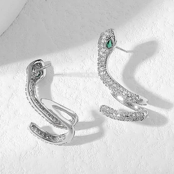 White Gold Snake Zircon Earrings Creative Design Trendy - Picture 3 of 4